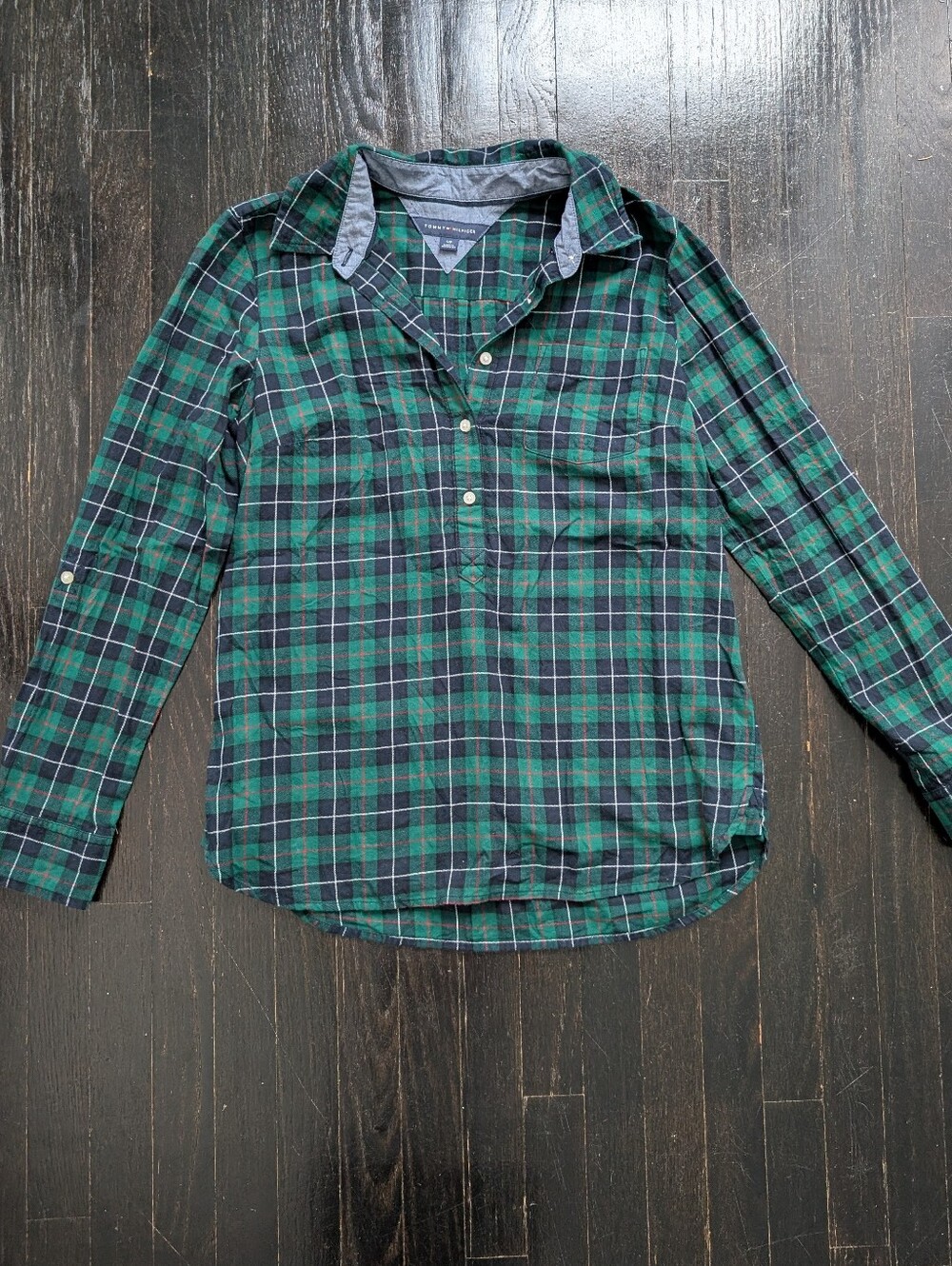 Tommy Hilfiger Green and Navy Plaid Button-Down Flannel (100% Cotton) Shirt